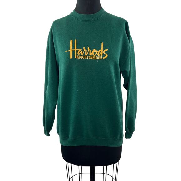 VTG Harrods Knightsbridge Green Yellow Sweatshirt Cotton Crew Neck Size Medium M - Picture 1 of 8
